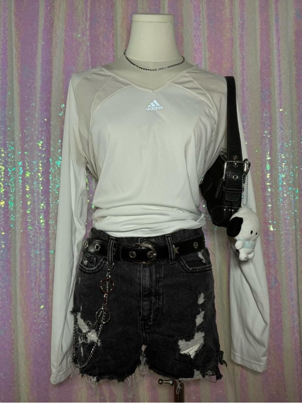 Adidas White Long Sleeve V-Neck Athletic Top (M) ★彡
